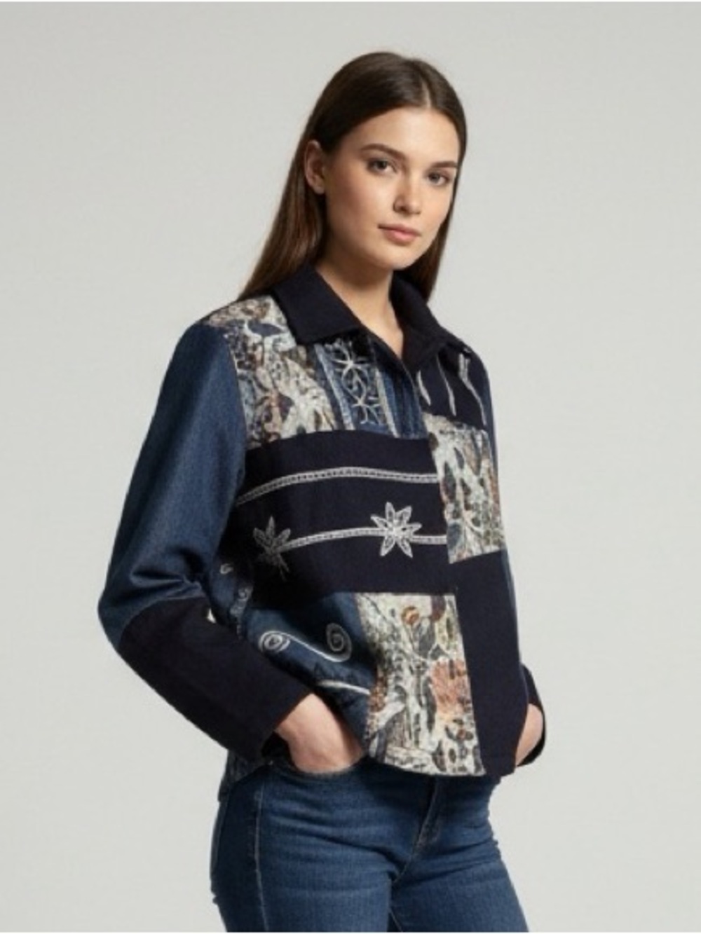 Patchwork Navy Jean Jacket - Women's Casual Button-Up
